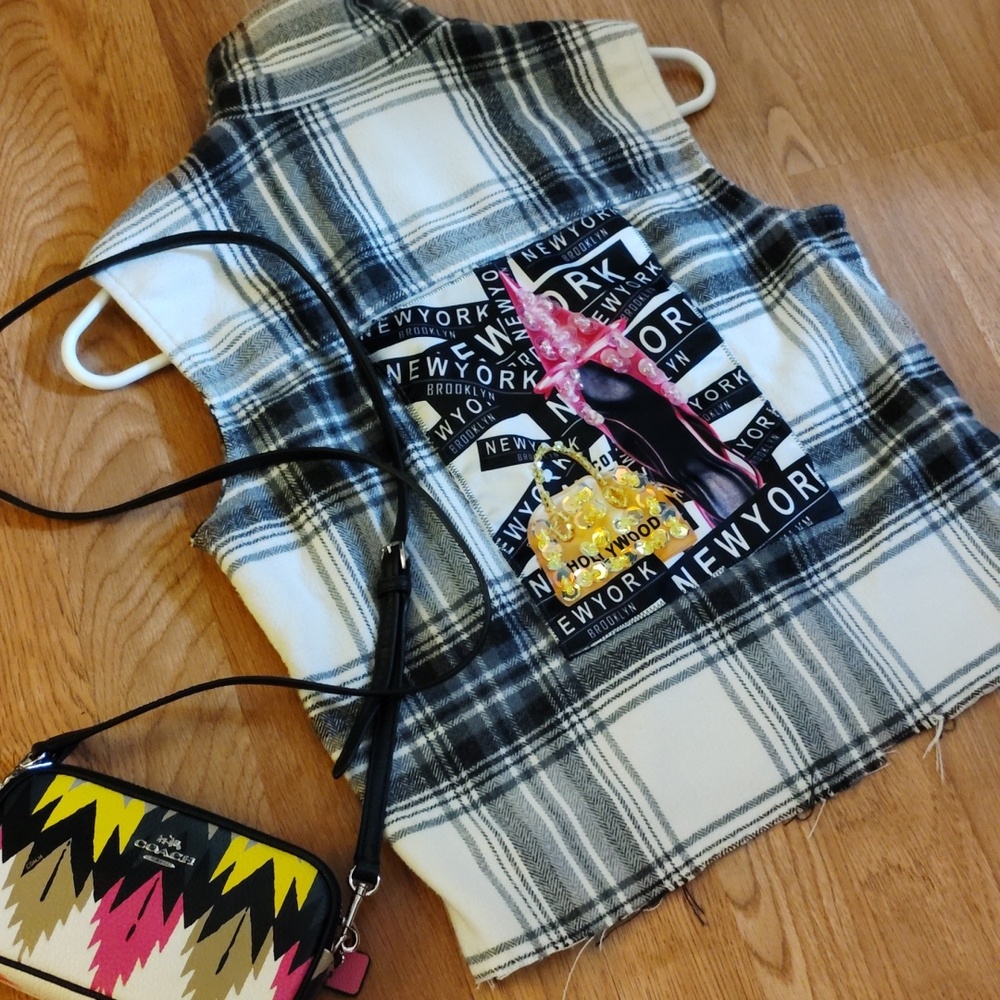 Plaid Flannel Sleeveless Vest with Bling